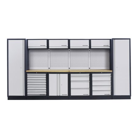 Kraftwerk 6-Element-Schrankwand mit Vierkantlochwand Länge 3920 mm Multiplex-Arbeitsplatte