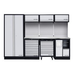 Kraftwerk 4-Element-Schrankwand mit Vierkantlochwand Länge 2955 mm Inox-Arbeitsplatte