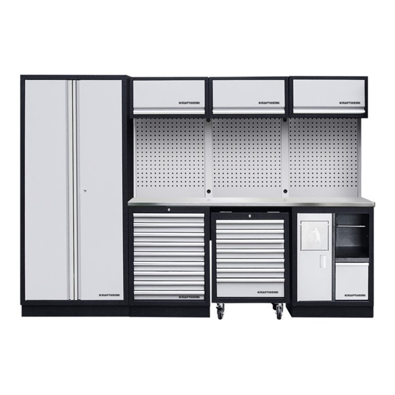 Kraftwerk 4-Element-Schrankwand mit Vierkantlochwand Länge 2955 mm Inox-Arbeitsplatte