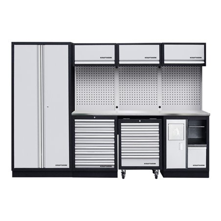 Kraftwerk 4-Element-Schrankwand mit Vierkantlochwand Länge 2955 mm Inox-Arbeitsplatte