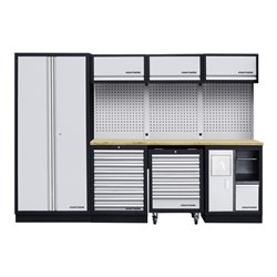 Kraftwerk 4-Element-Schrankwand mit Vierkantlochwand Länge 2955 mm Multiplex-Arbeitsplatten