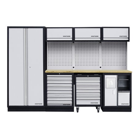 Kraftwerk 4-Element-Schrankwand mit Vierkantlochwand Länge 2955 mm Multiplex-Arbeitsplatten