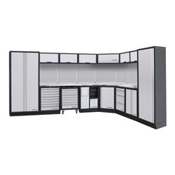 Kraftwerk 8-Element-Schrankwand mit Vierkantlochwand Länge 3819 mm 2824 mm Inox Arbeitsplatte