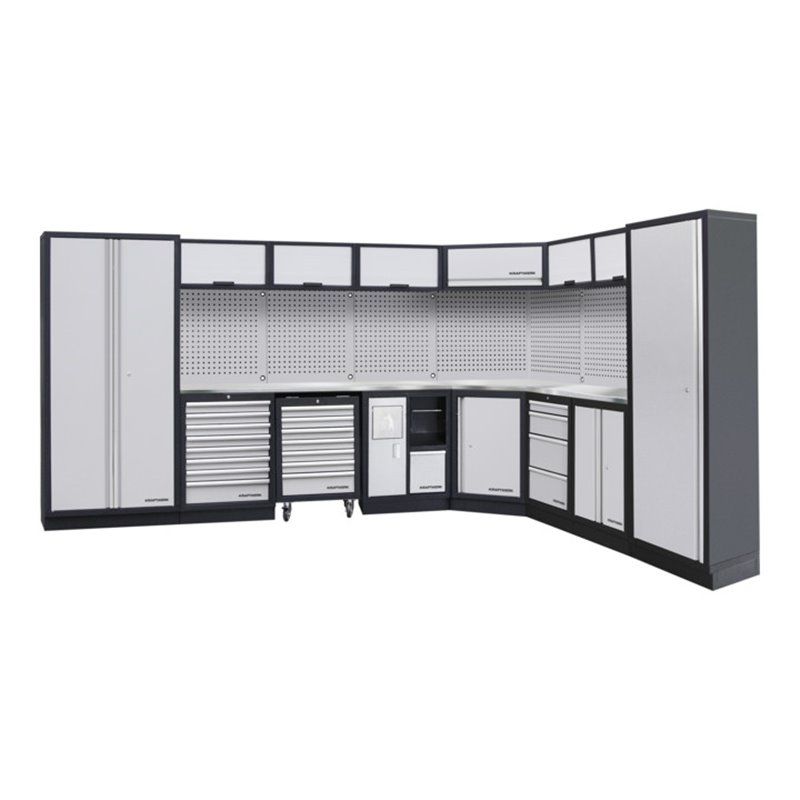 Kraftwerk 8-Element-Schrankwand mit Vierkantlochwand Länge 3819 mm 2824 mm Inox Arbeitsplatte