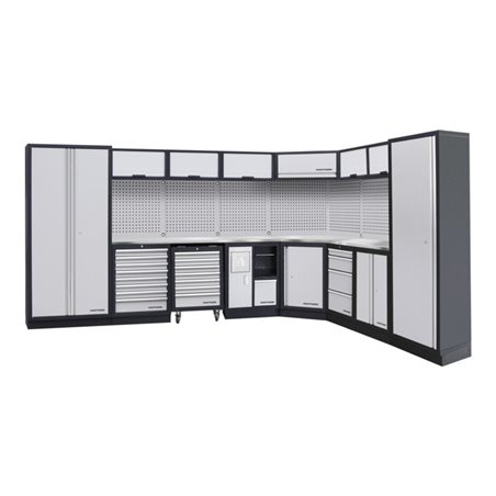 Kraftwerk 8-Element-Schrankwand mit Vierkantlochwand Länge 3819 mm 2824 mm Inox Arbeitsplatte