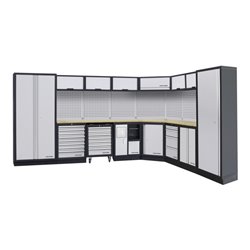 Kraftwerk 8-Element-Schrankwand mit Vierkantlochwand Länge 3819 mm 2824 mm Multiplex-Arbeitsplatten