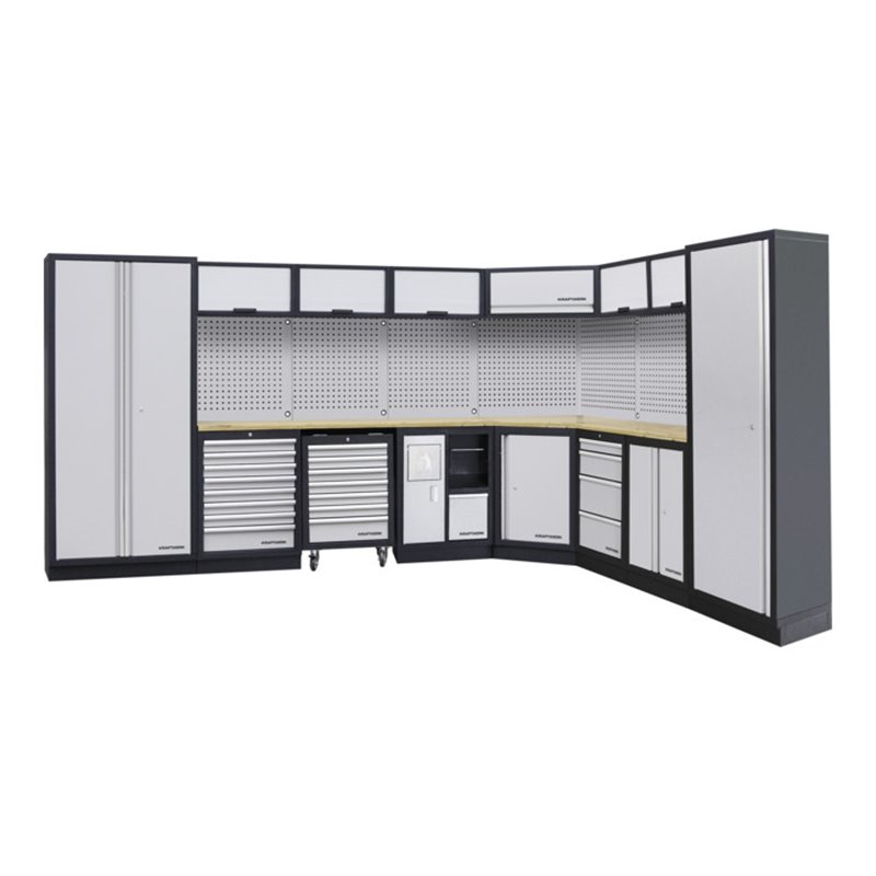 Kraftwerk 8-Element-Schrankwand mit Vierkantlochwand Länge 3819 mm 2824 mm Multiplex-Arbeitsplatten