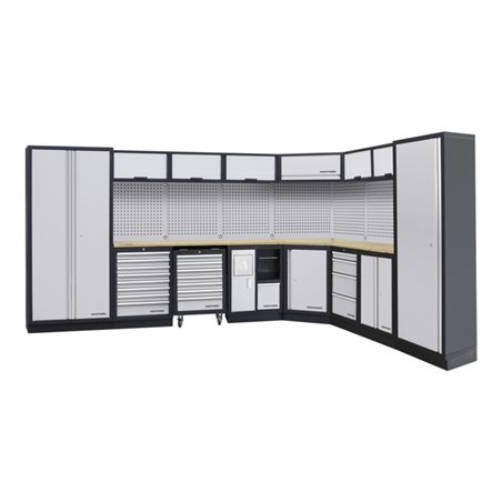 Kraftwerk 8-Element-Schrankwand mit Vierkantlochwand Länge 3819 mm 2824 mm Multiplex-Arbeitsplatten