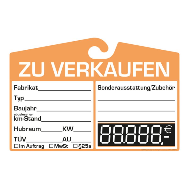 Eichner Verkaufsschild zur Befestigung am Innenspiegel