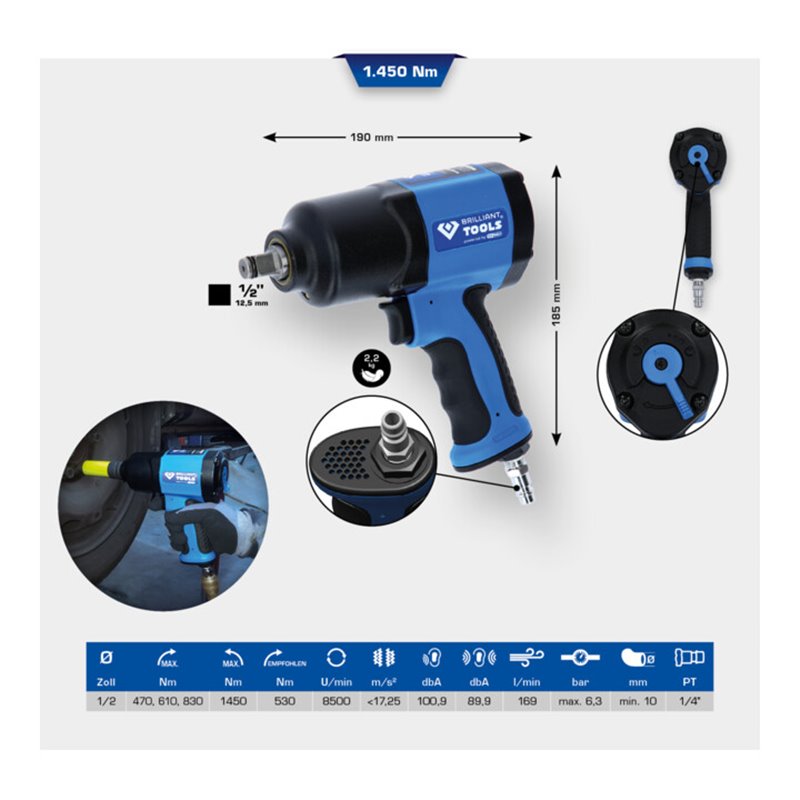 Brilliant Tools 1/2 Zoll Druckluft-Schlagschrauber, 1450 Nm