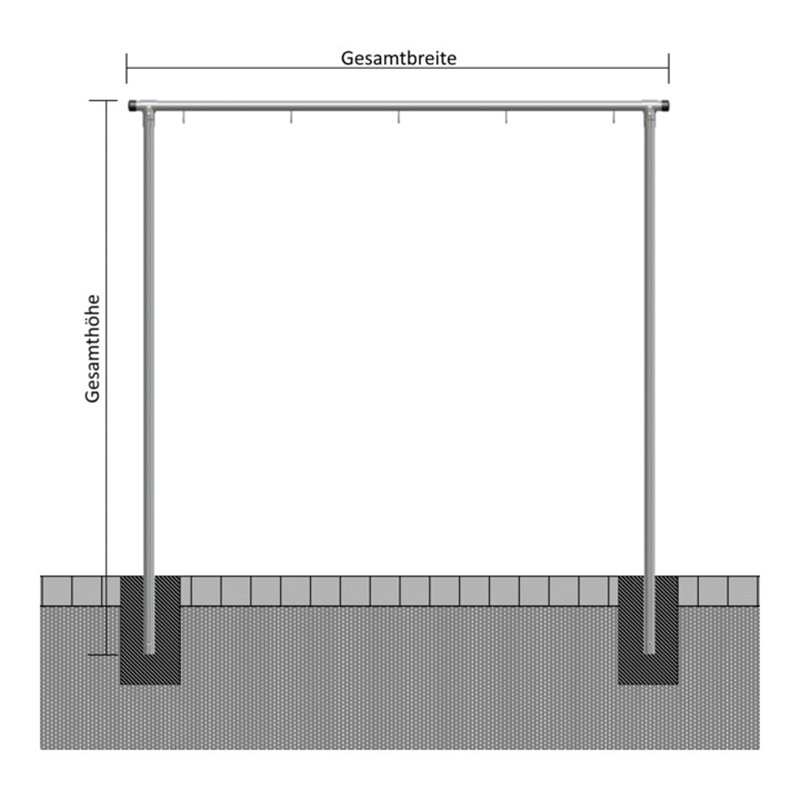 Schake Wäschetrockengerüst Ø48mm, Querstange 3,00m, 6 Haken einseitig, gebogen