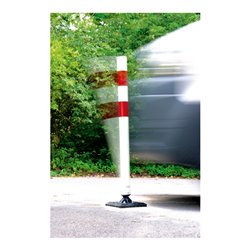 Schake Kickback©, Poller Ø60mm Typ 4260BG, ortsfest, zum Aufdübeln, inkl. Grundplatte 200x200x30mm gelb / 2 schwarze Streifen