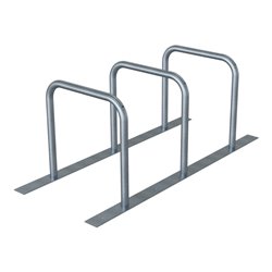 Schake Fahrradanlehnständer drei Anlehnbügeln, Ø48mm verschweißt auf Flacheisen 100x8mm, 1800mm lang