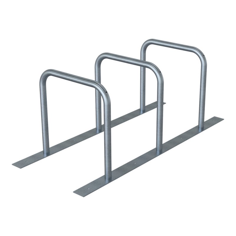 Schake Fahrradanlehnständer drei Anlehnbügeln, Ø48mm verschweißt auf Flacheisen 100x8mm, 1800mm lang