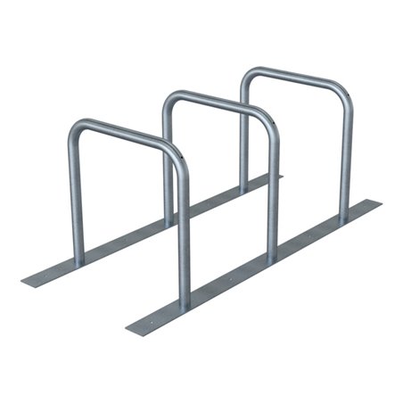 Schake Fahrradanlehnständer drei Anlehnbügeln, Ø48mm verschweißt auf Flacheisen 100x8mm, 1800mm lang