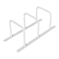 Schake Fahrradanlehnständer drei Anlehnbügeln, Ø48mm verschweißt auf Flacheisen 100x8mm, 1800mm lang