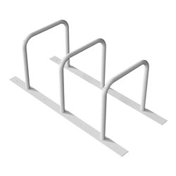 Schake Fahrradanlehnständer drei Anlehnbügeln, Ø48mm verschweißt auf Flacheisen 100x8mm, 1800mm lang