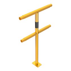 Schake Mittelpfosten für Schutzgeländer Ø48mm Breite: ca. 500mm, Höhe: 1000 mm + Querholm + Bodenplatte zum Aufdübeln, gelb / sc