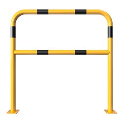 Schake Abweisebügel Ø48mm Breite: 1000mm, Höhe: 1000 mm + Querholm + Bodenplatten zum Aufdübeln, beschichtet, gelb/schwarz