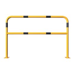 Schake Abweisebügel Ø48mm Breite: 1500mm, Höhe: 1000 mm + Querholm, + Bodenplatten zum Aufdübeln, beschichtet, gelb / schwarz