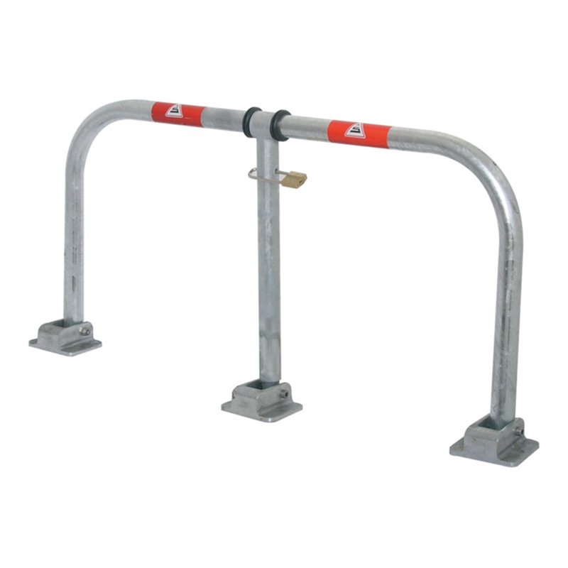 Schake Parkplatzsperrbügel 472V, umklappbar, Höhe ca. 450 mm, Breite ca. 850mm + Messingschloß, verz. + roten Reflexstreifen inc