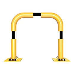 Schake Schutzbügel Ø76 mm, Breite 750 mm, Höhe über Flur 650mm, gelb / schwarz, elastisch neigbar + Bodenplatte 220x220mm