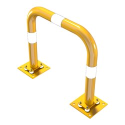 Schake Schutzbügel Ø76 mm, Breite 750 mm, Höhe über Flur 650mm, gelb / schwarz, elastisch neigbar + Bodenplatte 220x220mm