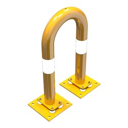 Schake Schutzbügel Ø76 mm, Breite 400 mm, Höhe über Flur 650mm, gelb / schwarz, elastisch neigbar + Bodenplatte 220x220mm