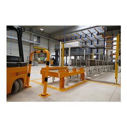 Schake Schutzbügel Ø76 mm, Breite 400 mm, Höhe über Flur 650mm, gelb / schwarz, elastisch neigbar + Bodenplatte 220x220mm