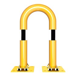 Schake Schutzbügel Ø76 mm, Breite 400 mm, Höhe über Flur 650mm, gelb / schwarz, elastisch neigbar + Bodenplatte 220x220mm