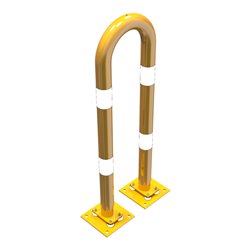 Schake Schutzbügel Ø76 mm, Breite 400 mm, Höhe über Flur 1150 mm, gelb / schwarz, elastisch neigbar + Bodenplatte 220x220mm