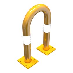 Schake Schutzbügel Ø76 mm, Breite 400 mm, Höhe über Flur 650mm, gelb / schwarz, abnehmbar + Bodenplatte 160x180mm