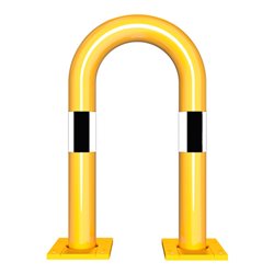 Schake Schutzbügel Ø76 mm, Breite 400 mm, Höhe über Flur 650mm, gelb / schwarz, abnehmbar + Bodenplatte 160x180mm