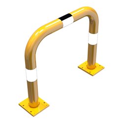 Schake Schutzbügel Ø76 mm, Breite 750 mm, Höhe über Flur 650mm, gelb / schwarz, abnehmbar + Bodenplatte 160x180mm