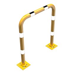 Schake Schutzbügel Ø76 mm, Breite 1000 mm, Höhe über Flur 1150 mm, gelb / schwarz, elastisch neigbar + Bodenplatte 220x220mm