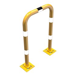 Schake Schutzbügel Ø76 mm, Breite 750 mm, Höhe über Flur 1150 mm, gelb / schwarz, elastisch neigbar + Bodenplatte 220x220mm