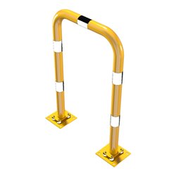 Schake Schutzbügel Ø76 mm, Breite 750 mm, Höhe über Flur 1150 mm, gelb / schwarz, elastisch neigbar + Bodenplatte 220x220mm