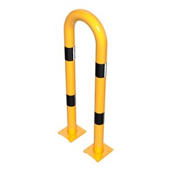 Schake Schutzbügel Ø76 mm, Breite 400 mm, Höhe über Flur 1150mm, gelb / schwarz, abnehmbar + Bodenplatte 160x180mm