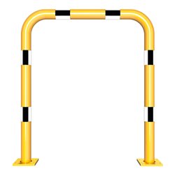 Schake Schutzbügel Ø76 mm, Breite 1000 mm, Höhe über Flur 1150mm, gelb / schwarz, abnehmbar + Bodenplatte 160x180mm
