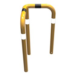 Schake Rammschutzwinkel 90° Stahlrohr Ø 76 mm gelb pulverbeschichtet + schwarzen Warnstreifen Breite: 600 mm, Höhe Überflur: 650