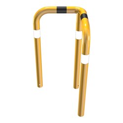 Schake Rammschutzwinkel 90° Stahlrohr Ø 76 mm gelb pulverbeschichtet + schwarzen Warnstreifen Breite: 600 mm, Höhe Überflur: 650