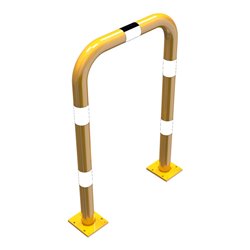 Schake Schutzbügel Ø76 mm, Breite 750 mm, Höhe über Flur 1150mm, gelb / schwarz, abnehmbar + Bodenplatte 160x180mm