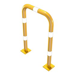 Schake Schutzbügel Ø76 mm, Breite 750 mm, Höhe über Flur 1150mm, gelb / schwarz, abnehmbar + Bodenplatte 160x180mm