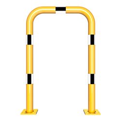 Schake Schutzbügel Ø76 mm, Breite 750 mm, Höhe über Flur 1150mm, gelb / schwarz, abnehmbar + Bodenplatte 160x180mm