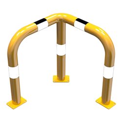 Schake Rammschutzwinkel 90° Stahlrohr Ø 76 mm gelb pulverbeschichtet + schwarzen Warnstreifen Breite: 600 mm, Höhe Überflur: 650