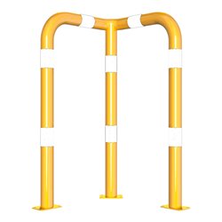 Schake Rammschutzwinkel 90° Stahlrohr Ø 76 mm gelb pulverbeschichtet + schwarzen Warnstreifen Breite: 600 mm, Höhe Überflur: 115