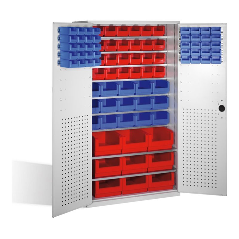 C+P Magazinschrank mit 92 Sichtlagerkästen, H1950xB1100xT535mm Front Lichtgrau Korpus Lichtgrau