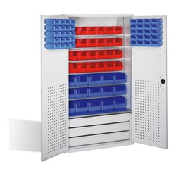 C+P Magazinschrank mit 83 Sichtlagerkästen und 3 Schubladen, H1950xB1100xT535mm Front Lichtgrau Korpus Lichtgrau