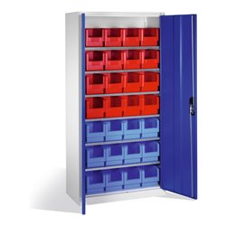C+P Magazinschrank mit 28 Sichtlagerkästen, H1980xB1000xT420mm Front Enzianblau Korpus Lichtgrau