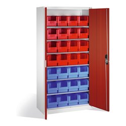 C+P Magazinschrank mit 28 Sichtlagerkästen, H1980xB1000xT420mm Front Rubinrot Korpus Lichtgrau